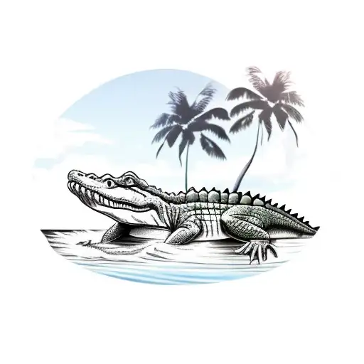 A Realistic Crocodile Swimming In A Tropical Paradise With Palm Trees And A Sunset In The Background