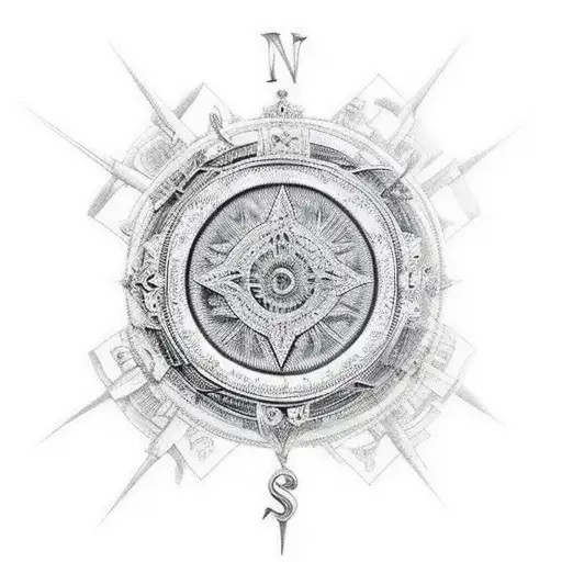 An Intricate Compass Surrounded By Mountain Peaks And Clouds