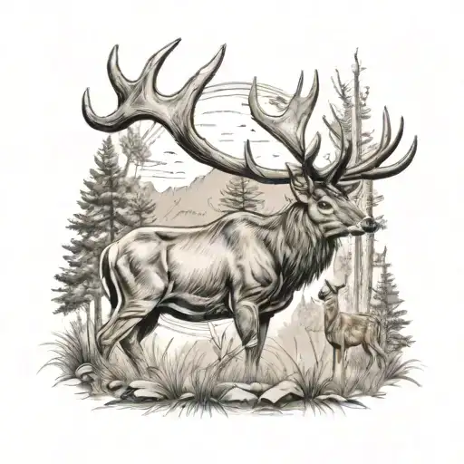 A Realism Tattoo Of A Serene Outdoor Scene With A Hidden Bowhunter Aiming At A Deer