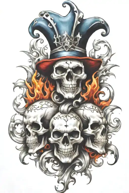 Jester Skulls With Flames And Nautical Stars