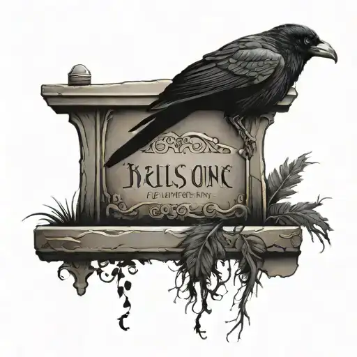 Tombstone With Words And Crow Perched