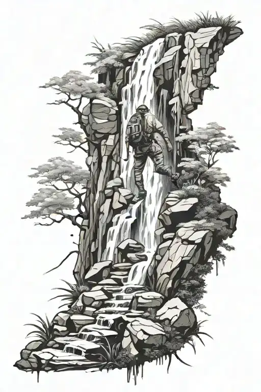 A Hiker Climbing A Waterfall With A Cricket Wicket At The Summit
