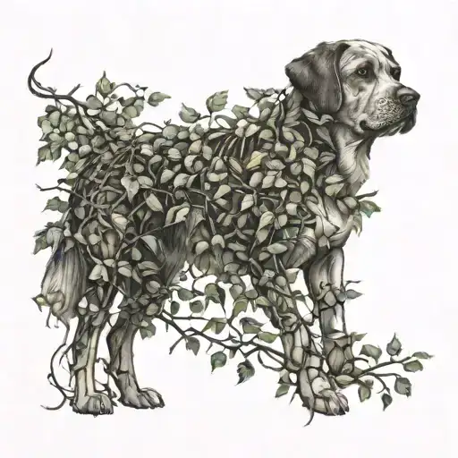 Dog With Vines Growing Trees With Leafs