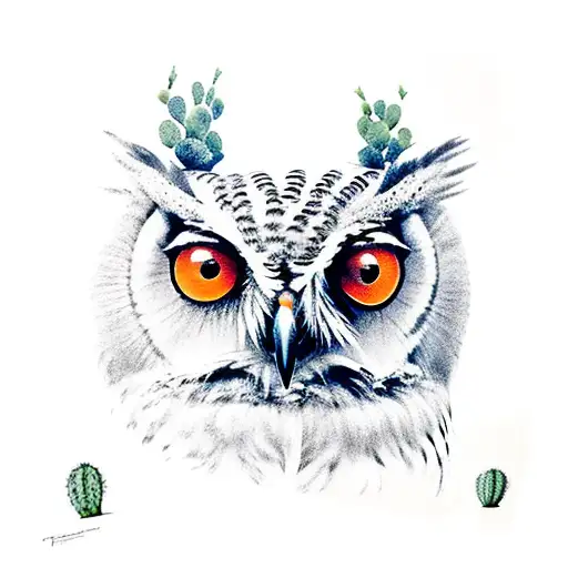 Creepy Owl With Cactus Having Red Accents