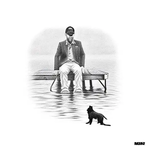 Man And Dog Sitting At The End Of A Dock On A Lake