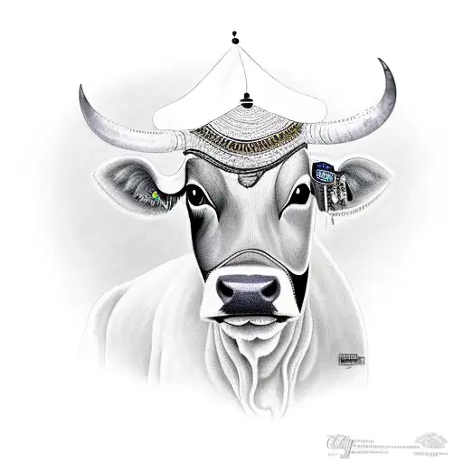 Cow Wearing Traditional Nepaleese Hat Looking At Center