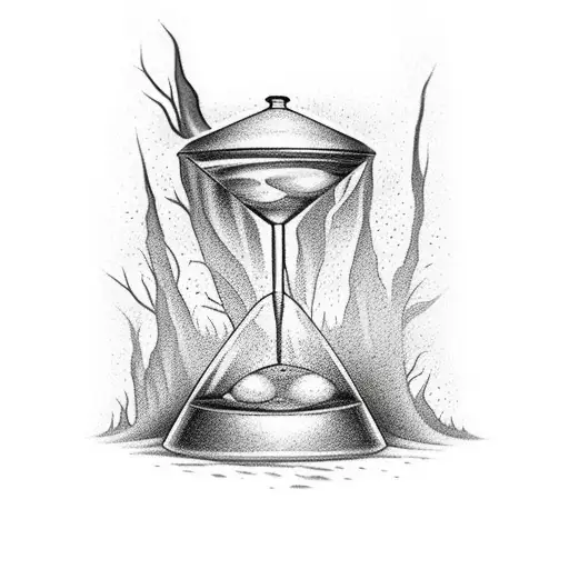 A Traditional Tattoo Of A Broken Hourglass With Sand Flowing Into A Field Of Tall Dark Trees