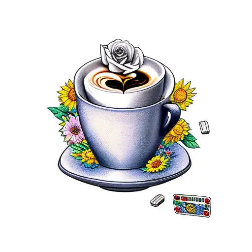 Flowers Flowing Around A Coffee Cup And Dominos That Says Five Five Five