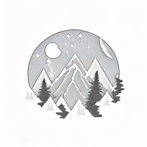 A Campfire Scene With A Silhouette Of A Hunter And Mountains In The Background