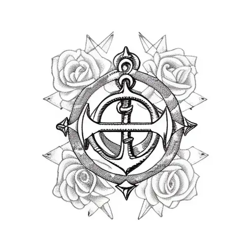 Traditional Style Anchor With Gemini Symbol And Roses Intertwined
