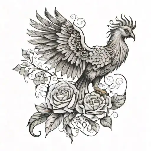 Light Phoenix With A Rose And Fine And Delicate Floral Ornaments And Some Geometric Elements