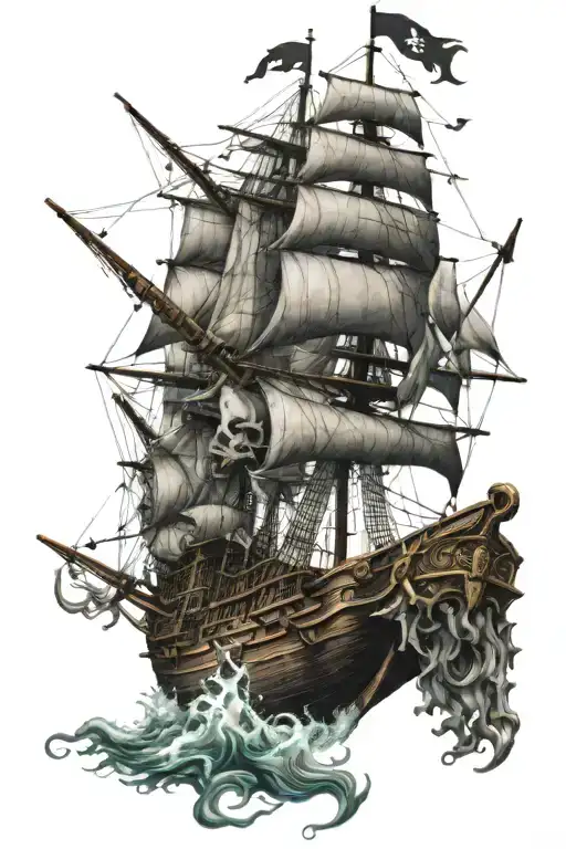 Pirate Ship Sailing Kraken Attacking