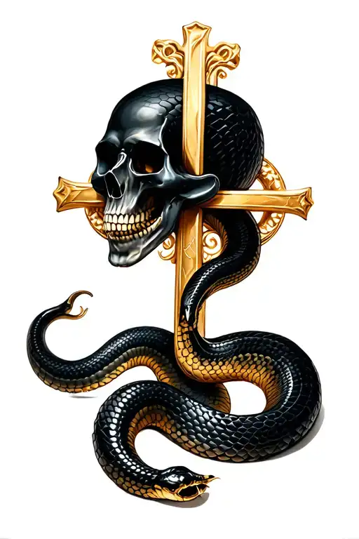 Realism One Black Snake With Skull And Gold Cross Around