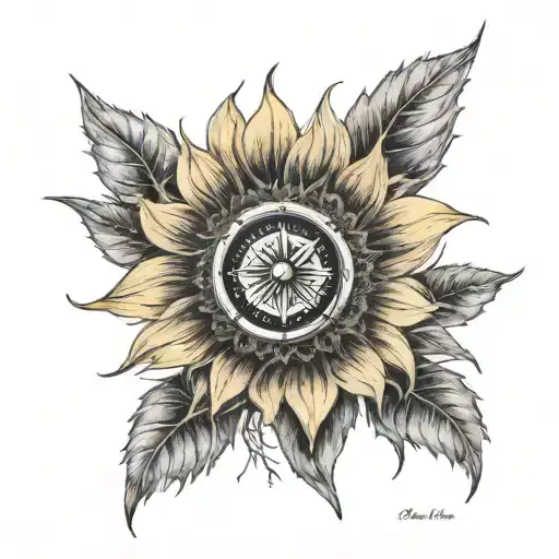 Single Sunflower With Compass Pointing North Star
