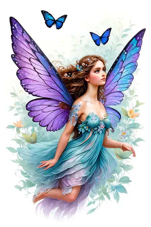 Winged Fairy And 3 Butterflies Flying