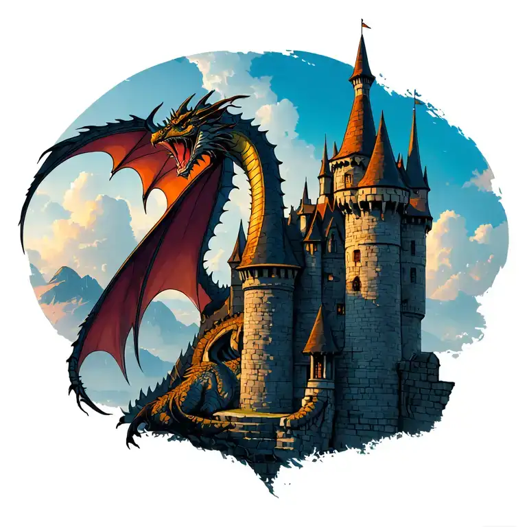 Castles Scene With A Dragon At The Highest Point Of The Castle