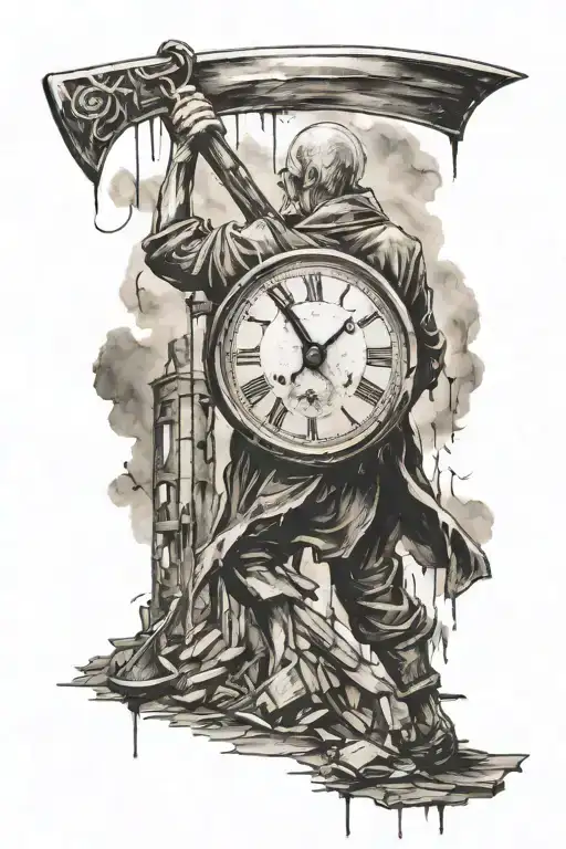 Old Man With A Scythe With A Clock Against A Background Of Destruction