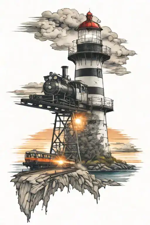 Lighthouse And Train With Sunset
