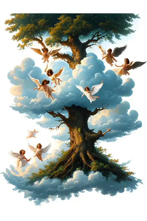 Clouds Surrounding A Tree With Angels Flying