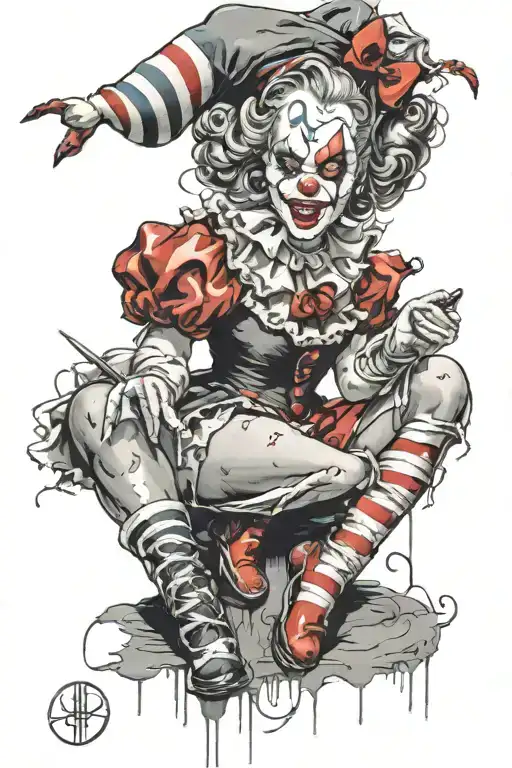 A Pin-up Girl Artist Painting A Colorful Mural Of Clowns On A Black And Grey Canvas