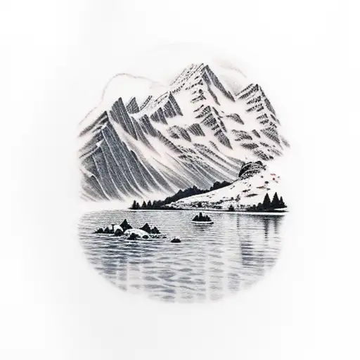 Mountain Scene Like Mount Snowdon With River And Lake And Trees