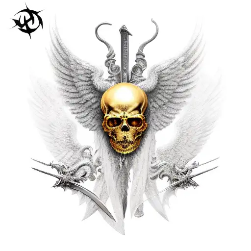 Mad Arcangel Protective Position With A Big Sword And Golden Wings