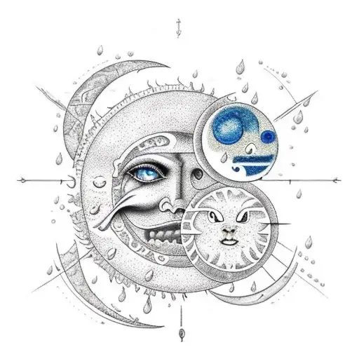 Sun And Moon With Wind And Rain Surrounding Them