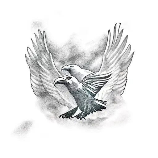 Ravens And Dove Face To Face With Their Wing Deployed