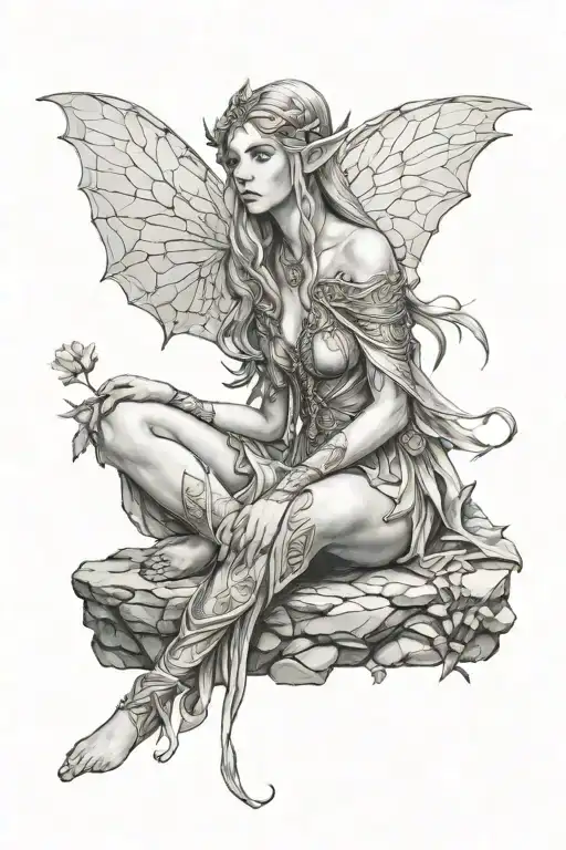 Hyper Realistic Elven Goddess Sitting On Stone Wall