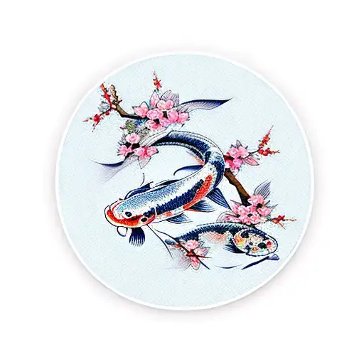 Koi Fish With Japanese Cherry Blossoms
