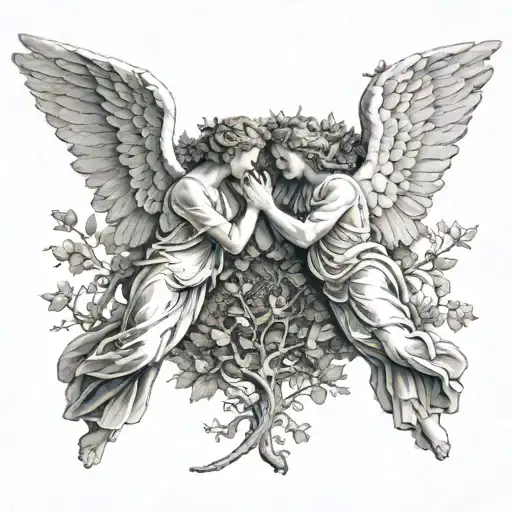 Two Angels Reaching Fro Each Other With Tress In The Background