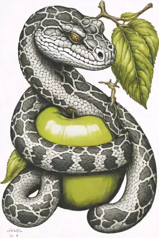 Python With An Apple In Its Mouth Wrapped Around Its Shoulder Black White
