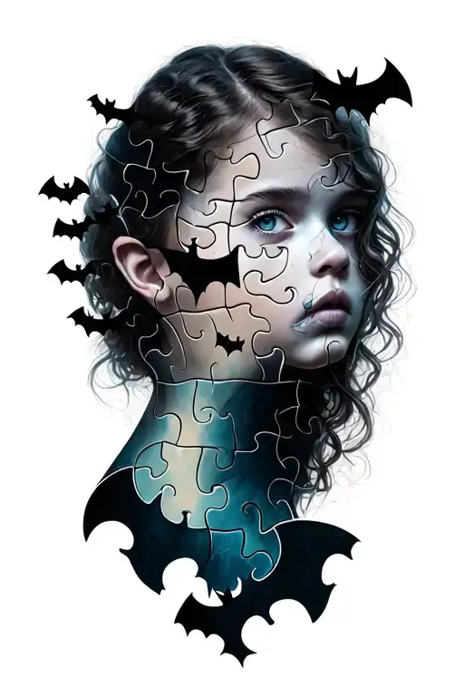 Puzzle Pieces Forming A Girls Face With Bats Incorporated