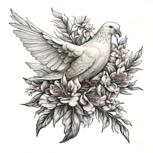 Dove With An Olive Branch And Flower Blooming