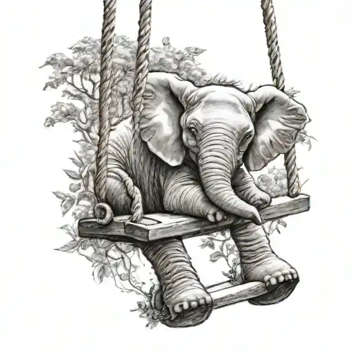 A Baby Elephant On A Children's Swing
