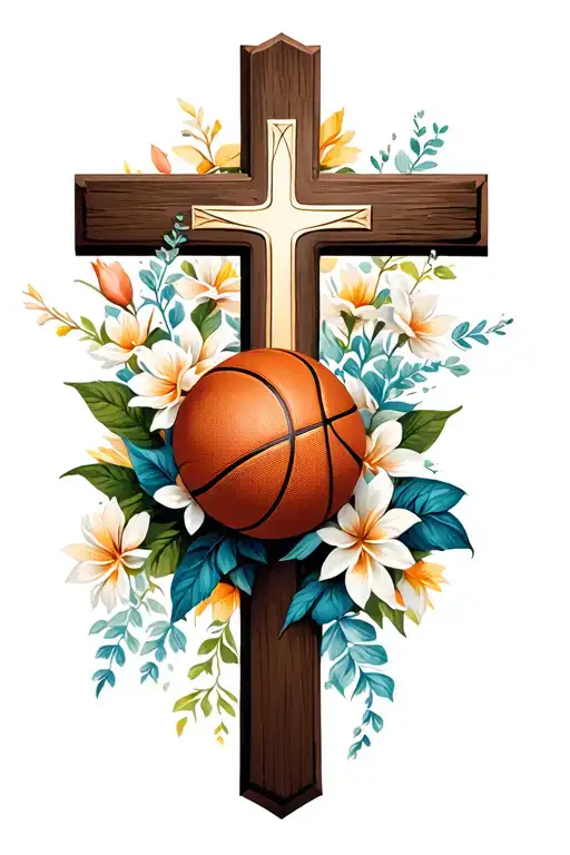 Basketball And Christian Cross With Flowers