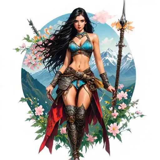 A Sexy And Determined Female Warrior Surrounded By Blooming Mountain Landscapes