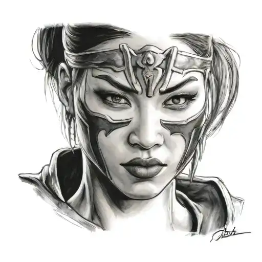 Kitana Mortal Kombat Portrait For Hand Tattoo Black & Grey