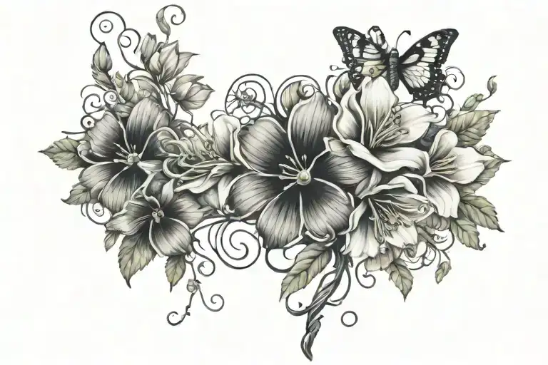 Flowers With Vines And Butterflies That Include A Snake Wrapped Wround The Stems In The Flower