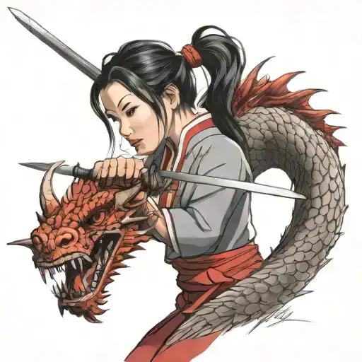 Mulan Cutting Her Hair With Sword Surrounded By A Red Dragon And A Little Cricket On The Side