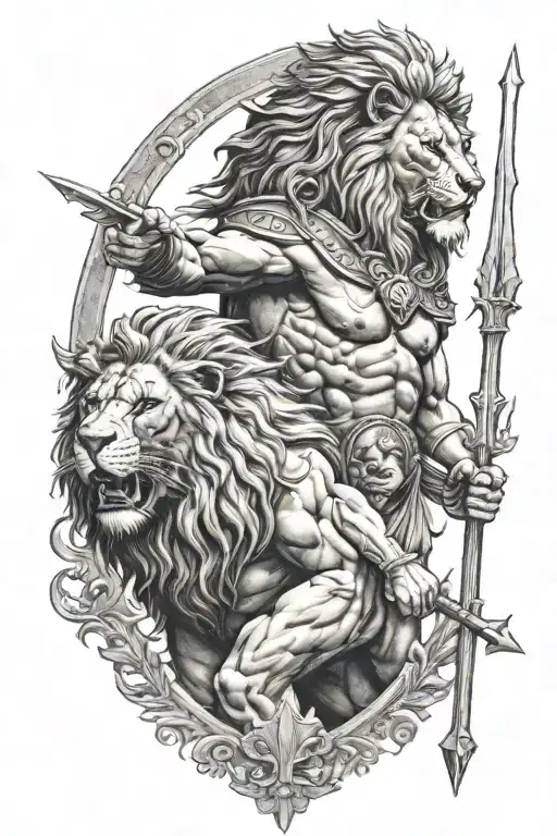 Lion And Spartan Holding A Trident In