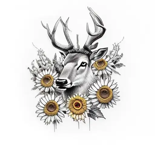 A Big Stag Head With Sunflowers In The Background