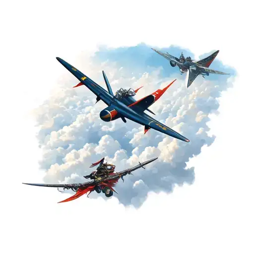 Kamikaze Plane Through The Clouds Blended With Large Samurai With Samurai To Create A Story