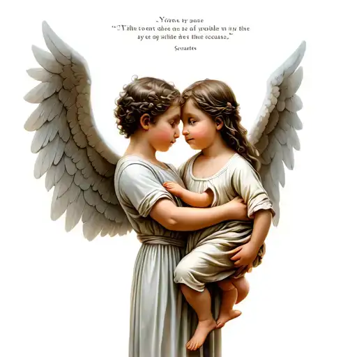 Toddler Sister With Wings Holding Baby Brother Wi Th Socrates Quotes Books