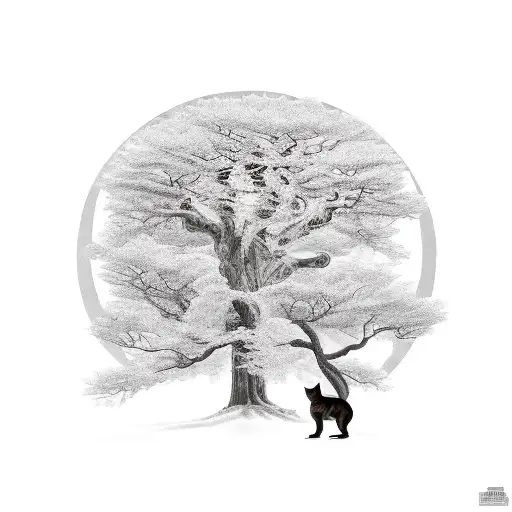 A New-school Tattoo Of A Majestic Tree With Branches Forming The Shape Of A Dog And A Cat