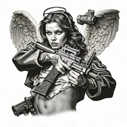Black And White Tattoo Of Girl Angel With Tommy Gun
