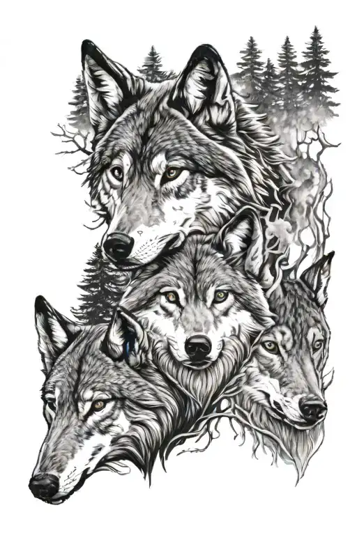 Wolf And Fire And Deer Head With Trees