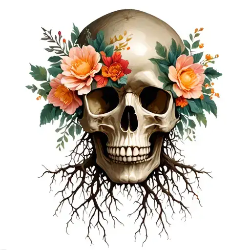 Tree Roots Going Into Skull With Flowers