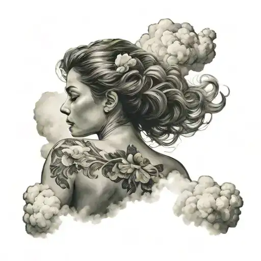 Body Of A Woman From Behind Lying On A Cloud Pointing With Her Arm