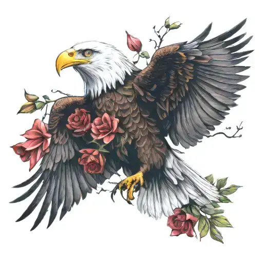 Bald Eagle Soaring With Red Roses And Orchids